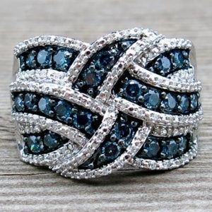 NEW Silver Blue Sapphire  Braided Wide Band Wedding Ring